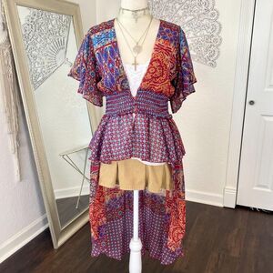 Boho Hippie High Low Colorful Purple Red Patchwork Kimono Duster Dress M